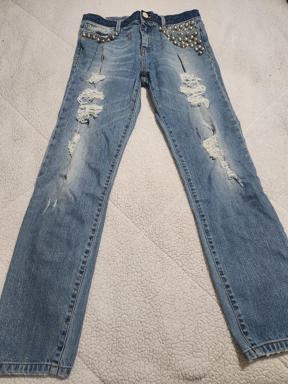 Pinko Light Blue Distressed Straight-Leg Jeans with Studded Pockets